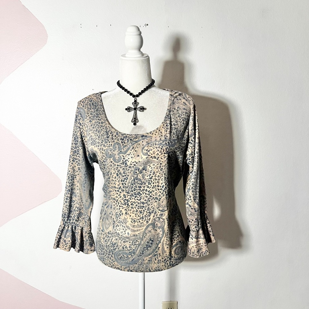 Vtg Y2k 2000s Paisley Top Large Brown Leopard Ruffle Bell Sleeve Goth